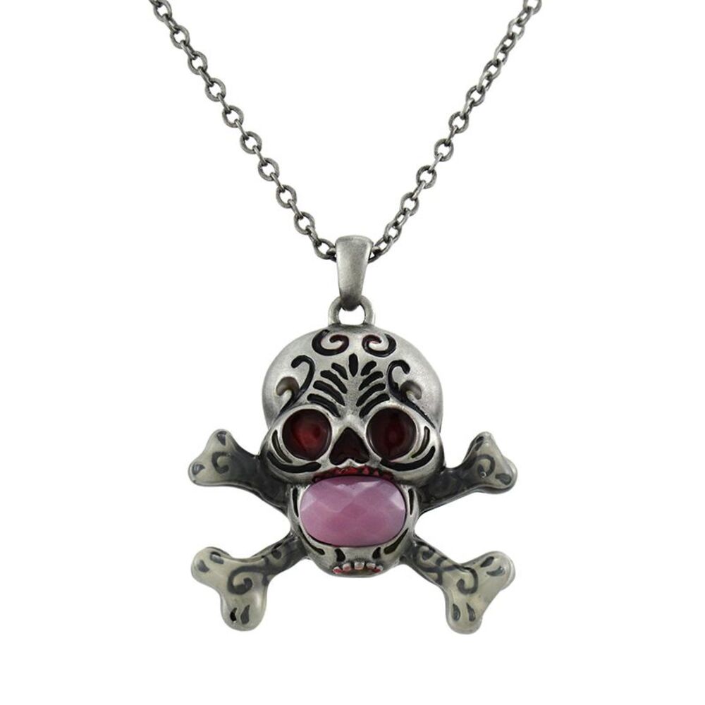 Solid Pewter Day of the Dead Skull Pendant w/ Faceted Pink Stone